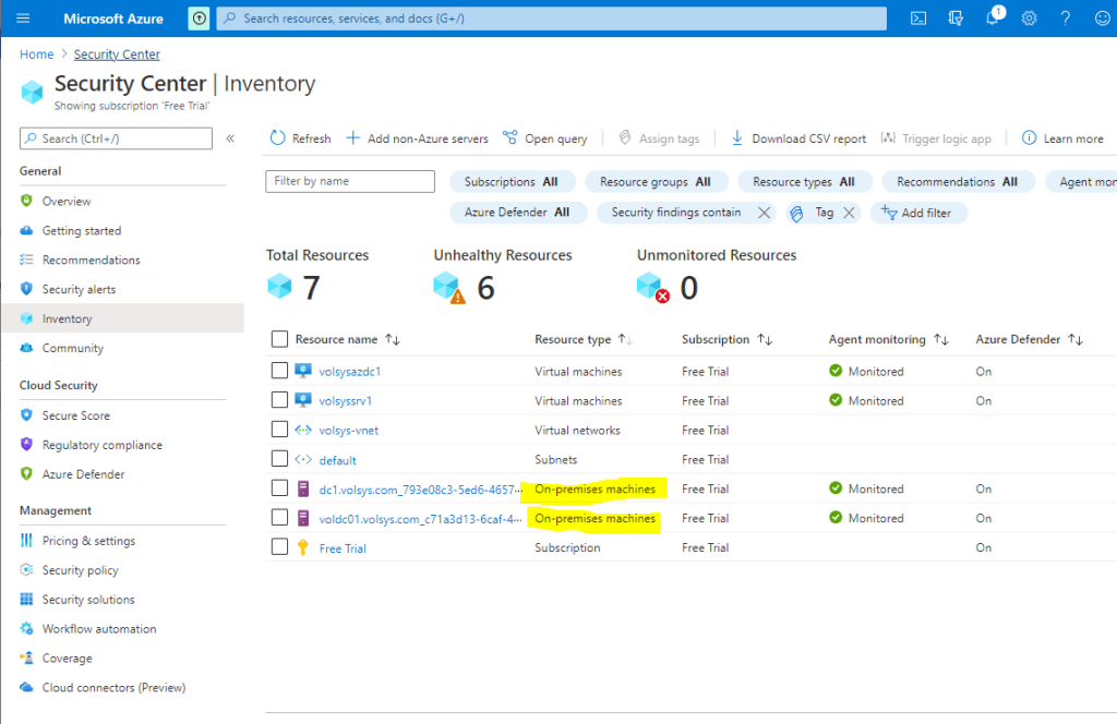 Getting started
S«uity a I
I—to ry
aoud security
O Sco re
Regulatory com p.liance
Pricing & settings
Sec Rib' L policy
Security solutions
Workflow
Caversge
(Preview)
Azure
Home ) *guciLv-ggntgr
Security Center I Inventory
wo«riøtion
Awgnt.gs report
quuy
Free Trial
Free Trial
Free Trial
Free Trial
Free Trial
Free Trial
Free Trial
Total Resources
S n s All
All
Unhealthy Resources
grups All
types All
findings X Teg X
Unmonitored Resources
W Ing app @ more
Add filter
n-mitoring
type
Virtual machines
Virtual machines
V networks
On-premises nes
O ise-s
Su tian